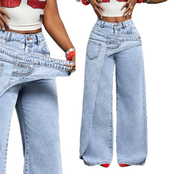 Double-layer crossover-waist wide-leg jeans??2 styles??